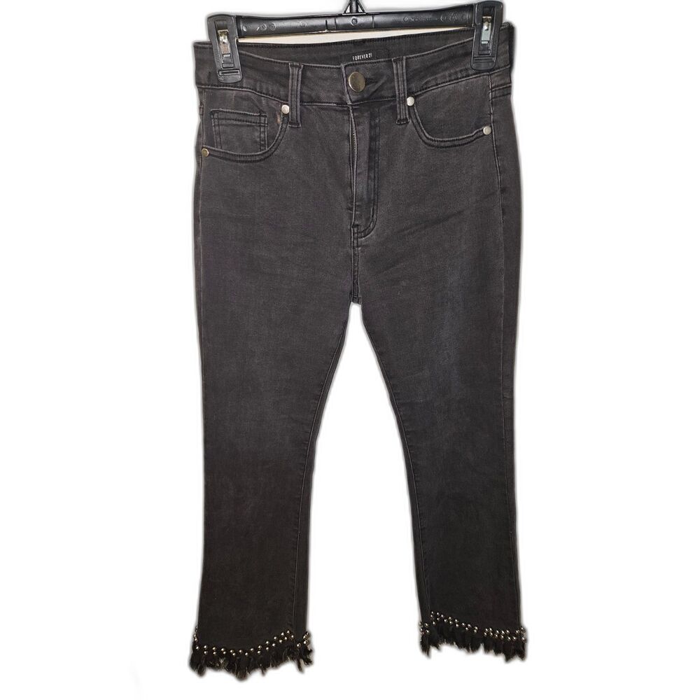 Forever 21 Women's Faded Black Jeans With Silver Beads At Frayed Bottom Sz 26